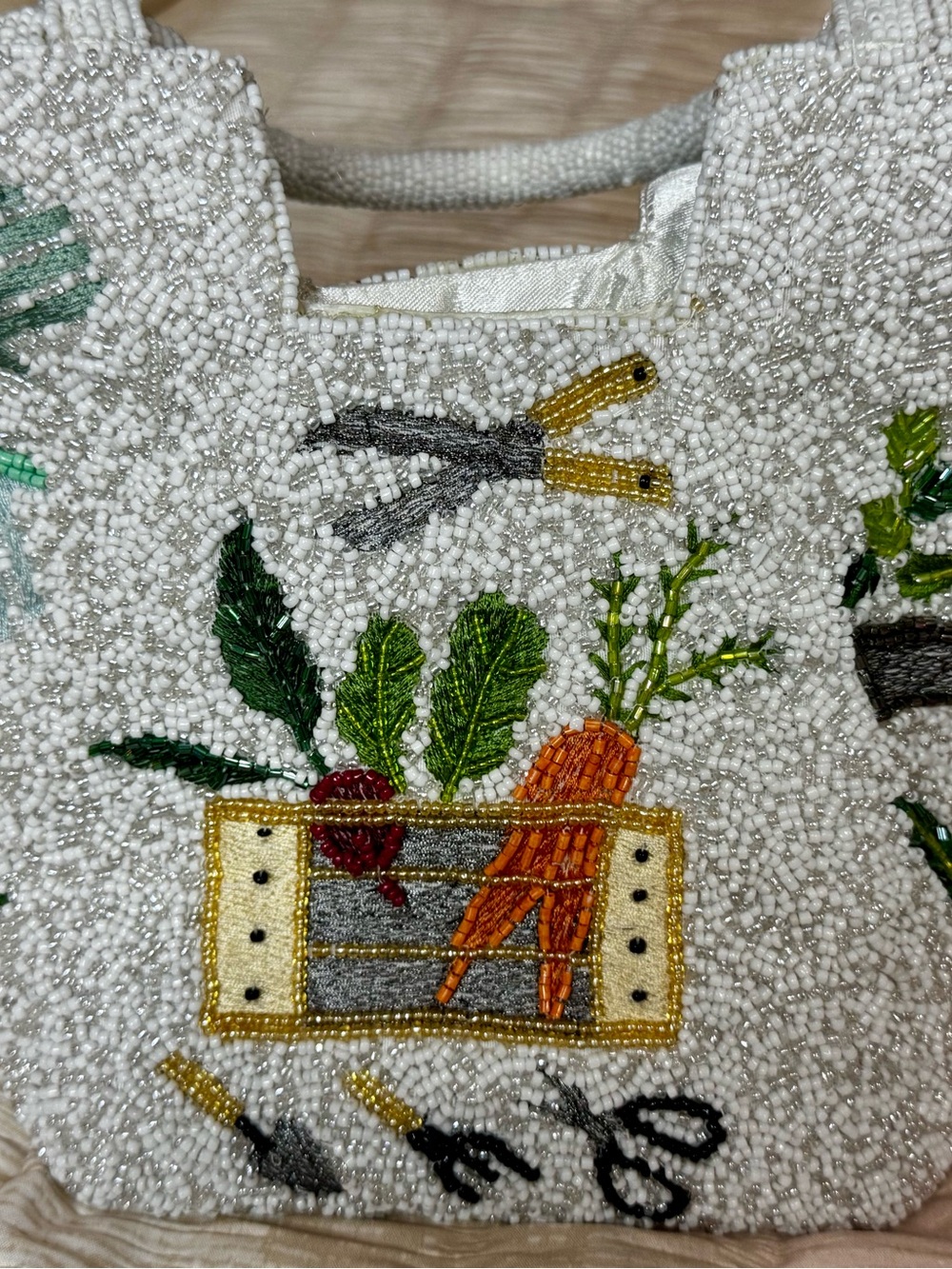 Beaded White Handbag with Colorful Vegetable Garden Embroidery - Picture 2 of 5